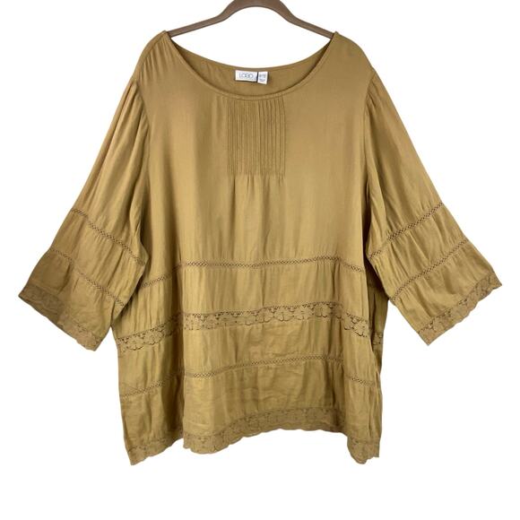 LOGO Tops - Logo 100% Cotton Tiered Tunic Top Size 28W Brown Mustard Lightweight Boho Lace